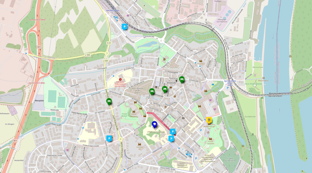 Übersichtskarte von Germersheim mit allen relevanten Veranstaltungsorten und Übernachtungsmöglichkeiten